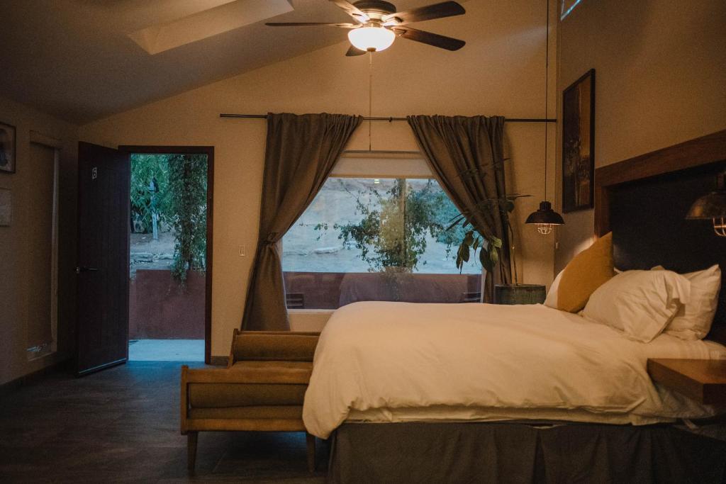 a bedroom with a large bed and a window at Tierra Mia Hacienda Ruta del Vino in Valle de Guadalupe