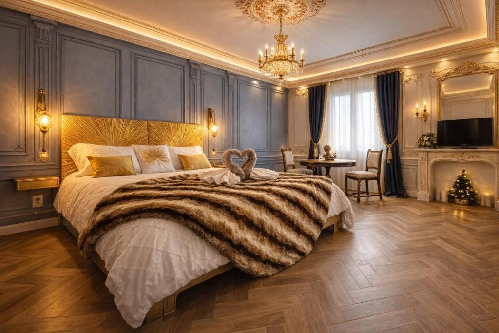 a bedroom with a large bed and a chandelier at Le Marquis Petit cocon chic et fonctionnel in Saverne