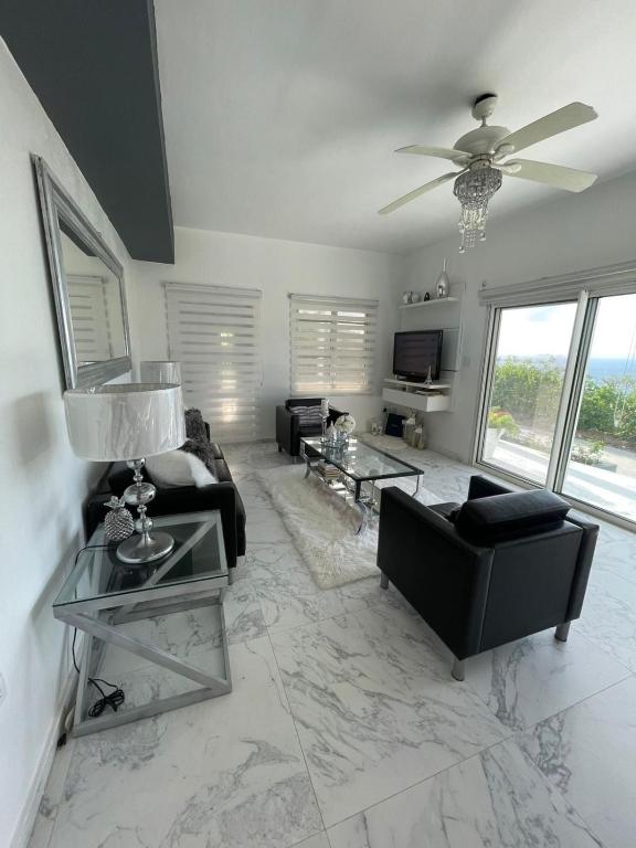 a living room with a couch and a table at Modern Ocean View Apartment in Upper Prince's Quarter