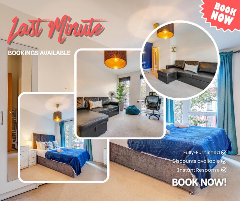 a collage of photos of a living room and a bedroom at 7Nights Special l Modern Apartment l Sleeps Up to 8 l Cozy 2 Bedrooms Apt By Capital Retreats Short Lets & Serviced Accommodation in Colindale With Free WIFI l Flat 4 in Colindale