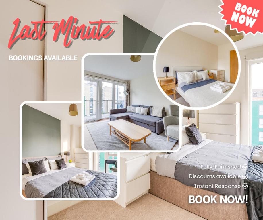 a collage of images of a bedroom and a room at Last-Minute Secure l Sleeps Up to 8 l 2 Bedroom Apt By Capital Retreats Short Lets & Serviced Accommodation London With Balcony, Free WiFi in Colindale