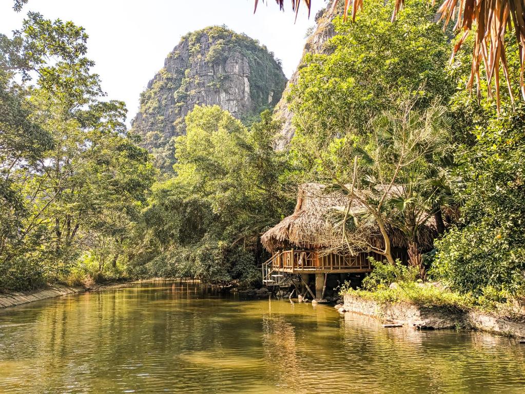 a view of a river with a hut in the jungle at Hang Lan Ecolodge in Ninh Binh