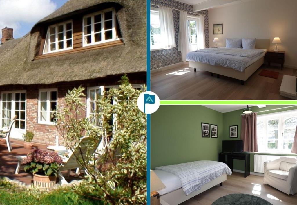 two pictures of a bedroom and a house at Welkimen tüs 1-Tradition in Oldsum