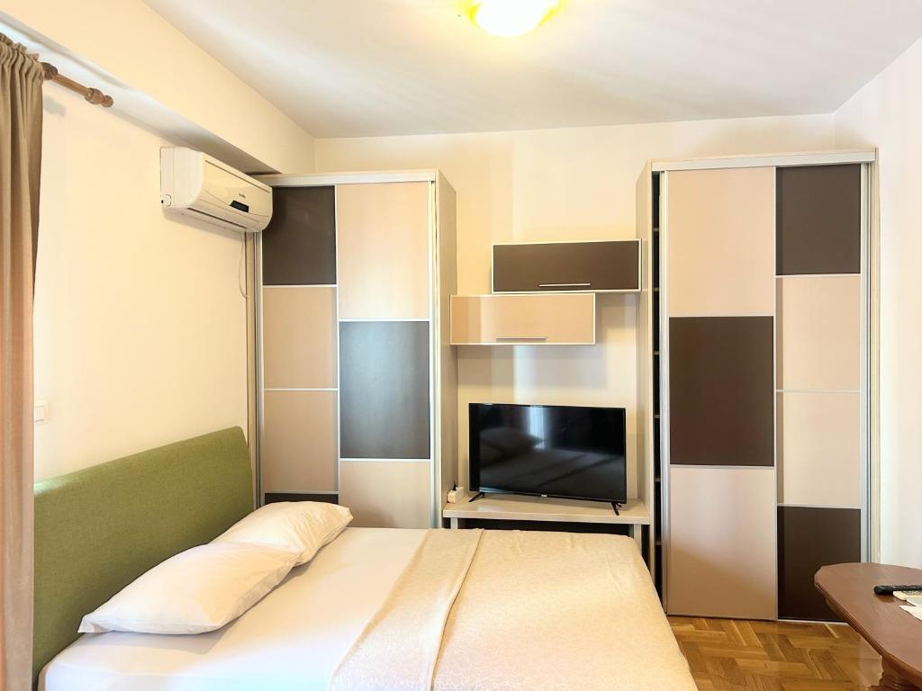 a bedroom with a bed and a tv in it at Cozy City Studio in Podgorica, Blok 9 in Podgorica