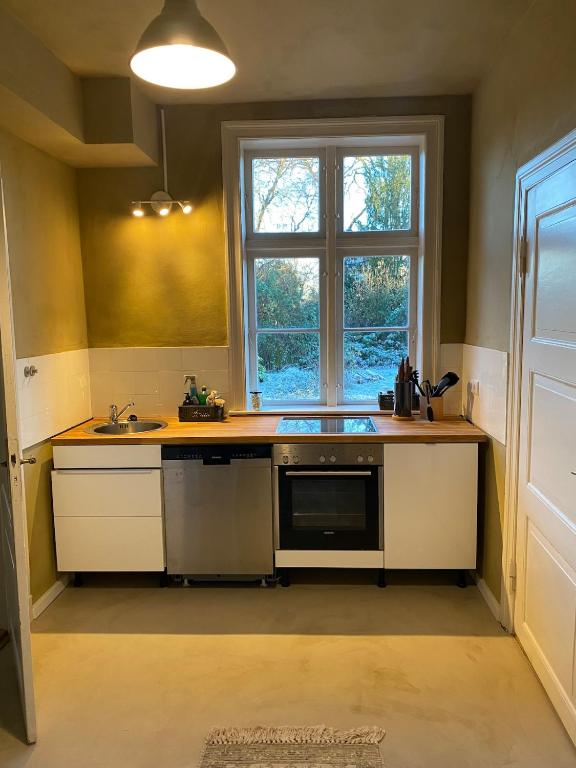 eine Küche mit Spüle und Fenster in der Unterkunft Webstube in Drochtersen