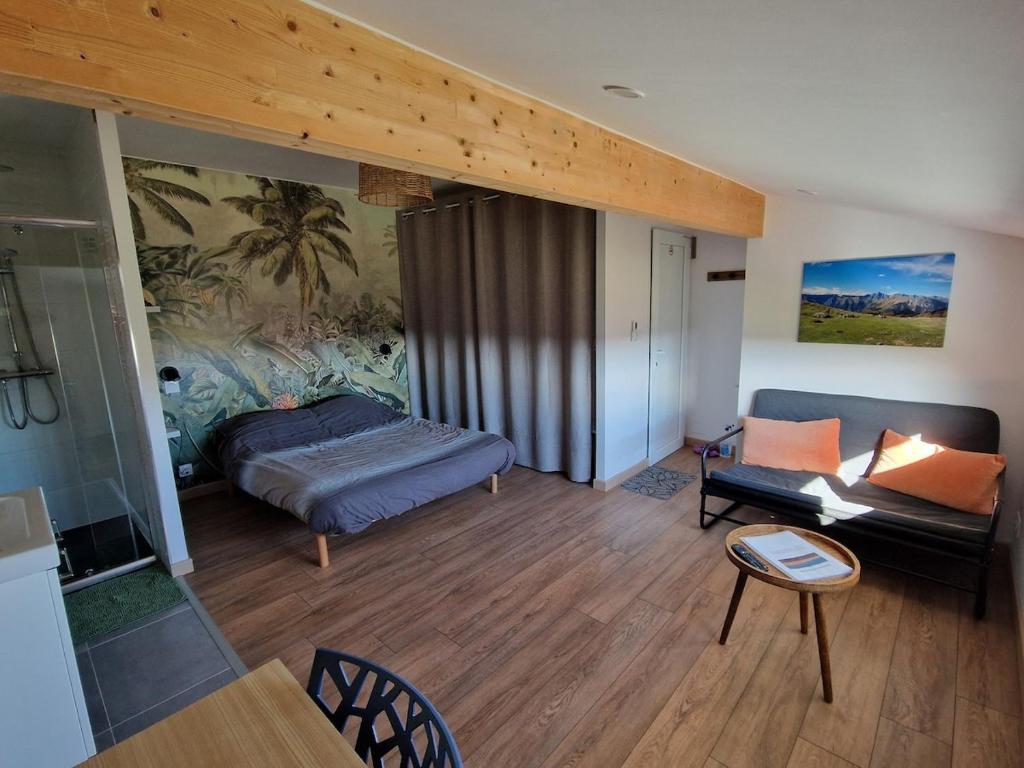 a living room with a bed and a couch at Chambre indépendante Pyrenées in Lombez