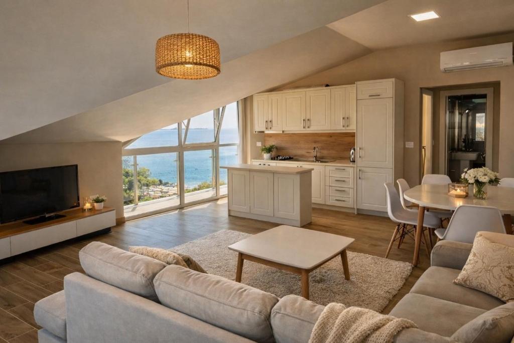 a living room with a couch and a table at Apartaments Shengjin with sea view in Shëngjin
