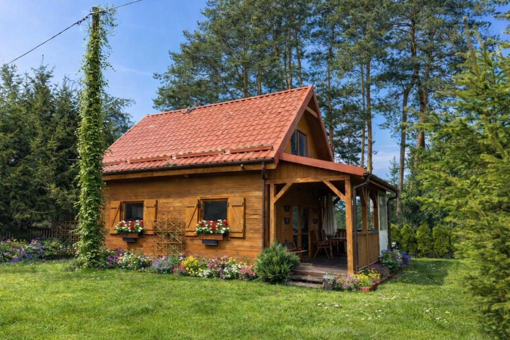 a small wooden house with a red roof at Domek u Ewy in Rydzewo