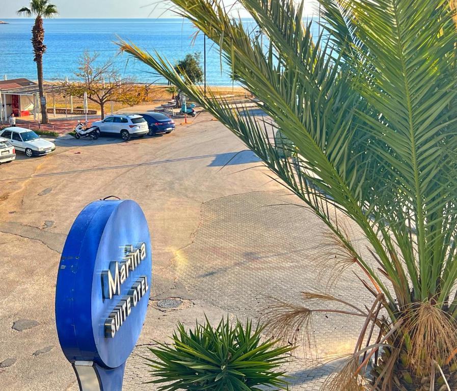 a blue frisbee sitting next to a palm tree at Marina Suite Otel in Silifke