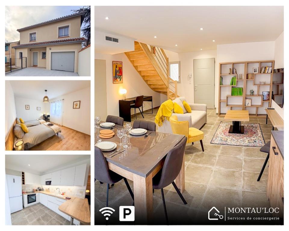 a collage of photos of a living room and a living room at Les oiseaux, maison de 3 chambres et climatisation in Montauban