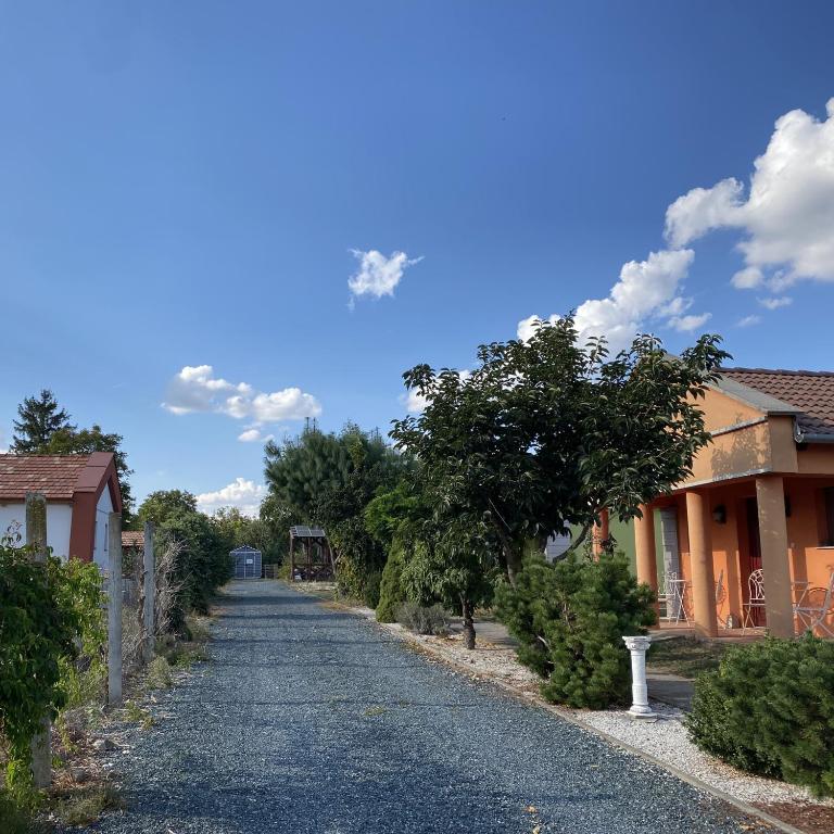 an empty road in a village with houses at Colonia Natura Apartmanpark in Sitke