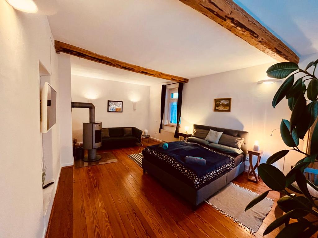 a living room with a couch and a tv at Wohlfühlwohnung Dauborn in Hünfelden