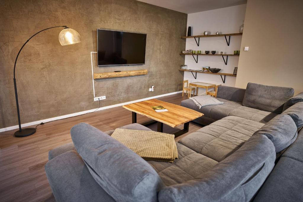 a living room with a couch and a table at *Premium-Apartment im Spreewald* in Burg