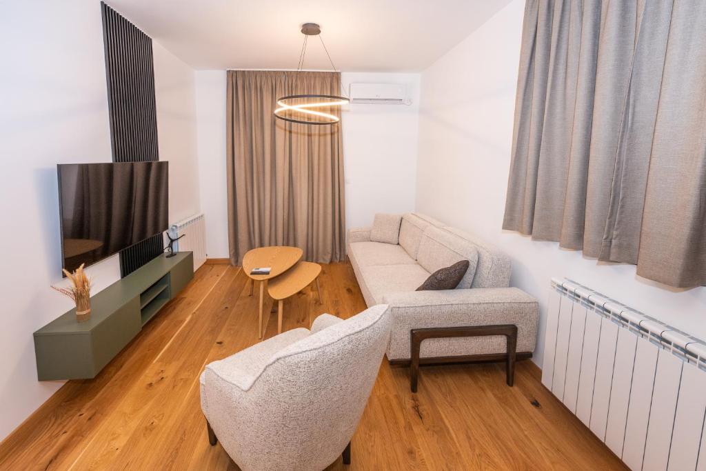 a living room with a couch and a tv at The Watermill Lodge in Kolašin