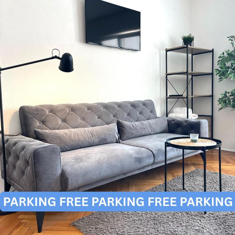 a grey couch in a living room with a table at MAKEDONKA Apartments in Ohrid