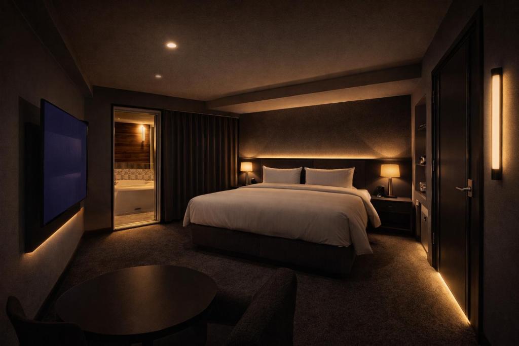a hotel room with a bed and a tv at 센스모텔 in Sasang-yŏk