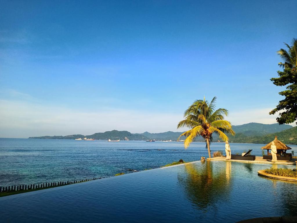 a swimming pool with a palm tree and the ocean at Sea Breeze Candidasa in Candidasa
