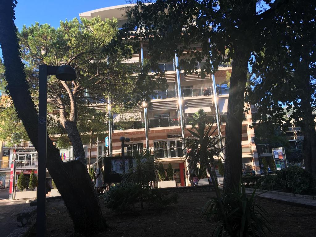 a tall building with trees in front of it at Zaga Solemar Apartment in Herceg-Novi