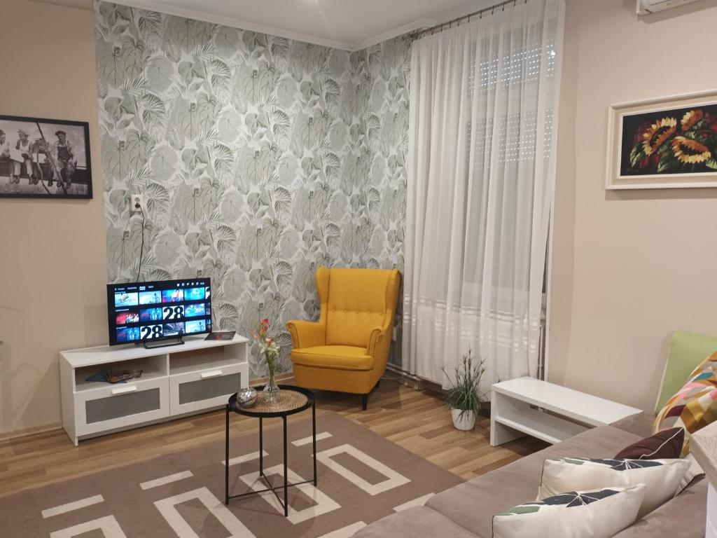 a living room with a couch and a tv and a chair at Edina Apartman in Sátoraljaújhely
