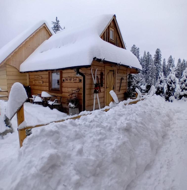 a log cabin in the snow with a pile of snow at Chatka w Dolinie in Witów
