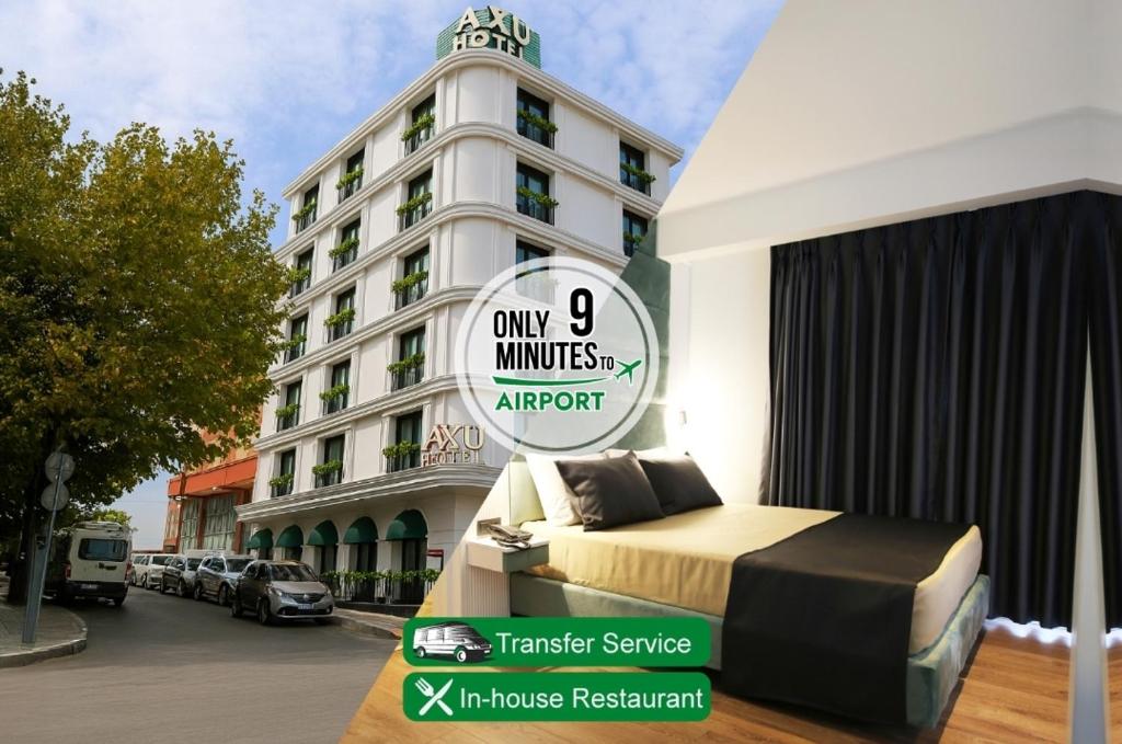 a hotel room with a bed in front of a building at AXU AIRPORT HOTEL in Arnavutköy