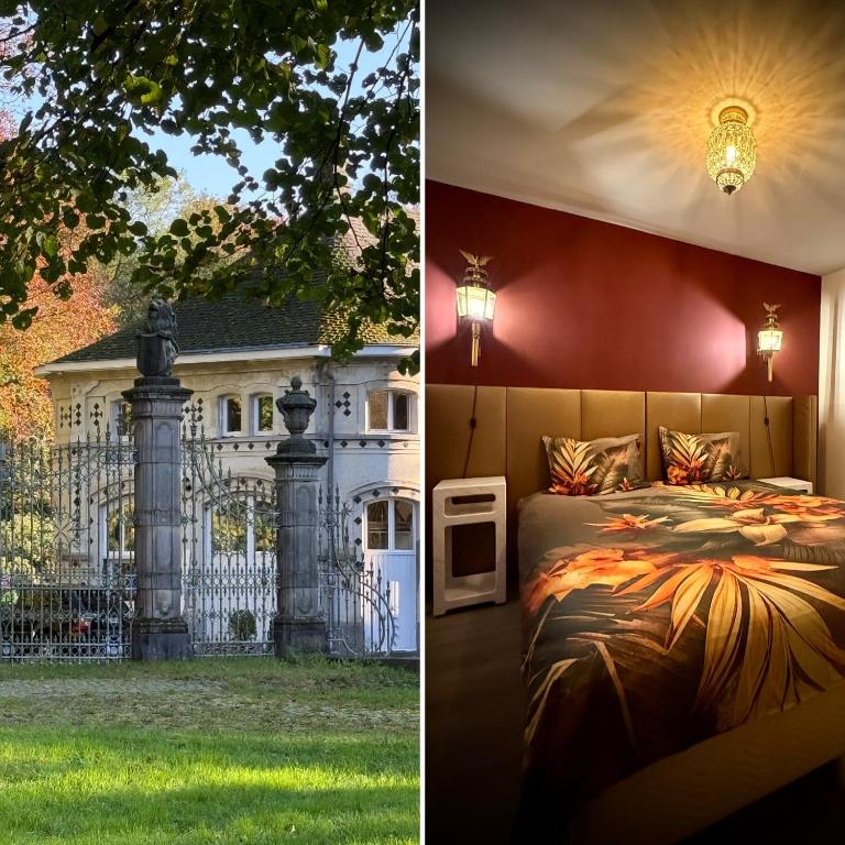 una camera da letto con un letto di fronte a una villa di Logies Het Koetshuis a Herentals