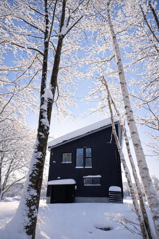a black building in the snow between two trees at XYZ Niseko in Niseko