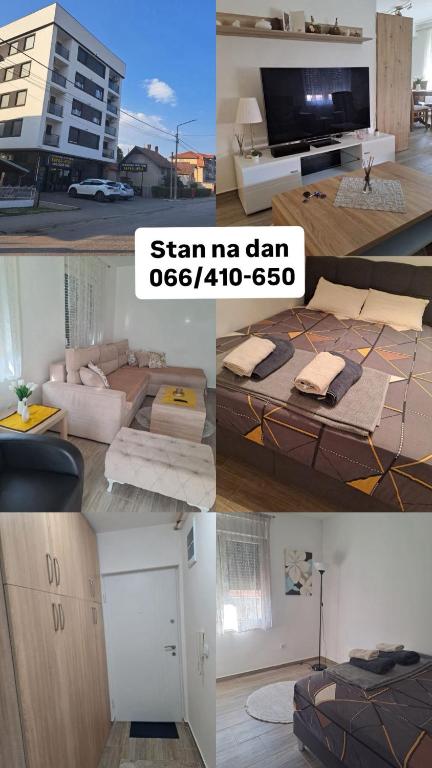 a collage of four pictures of a living room at Stan na dan M in Smederevska Palanka