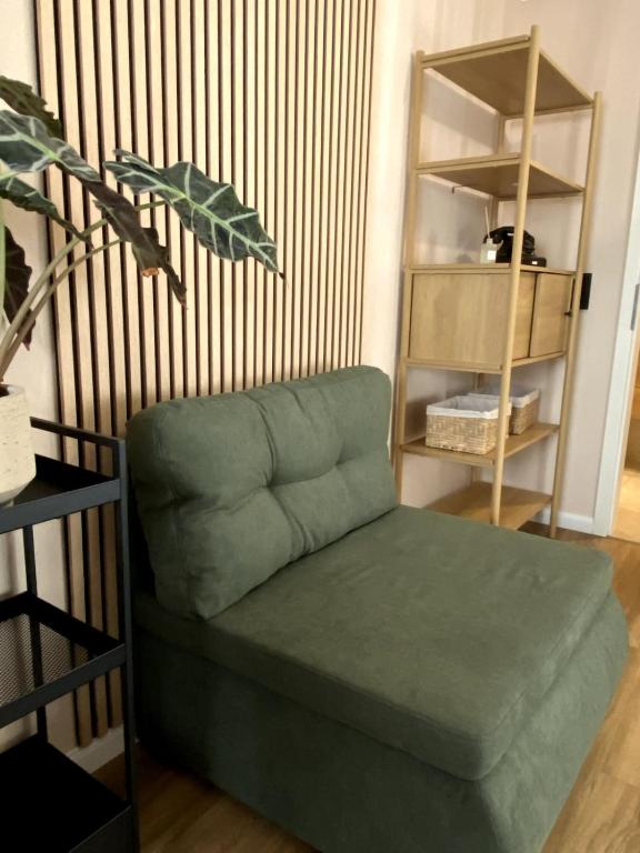 a green couch in a room with a book shelf at Modernes Studio in Irrel in Irrel