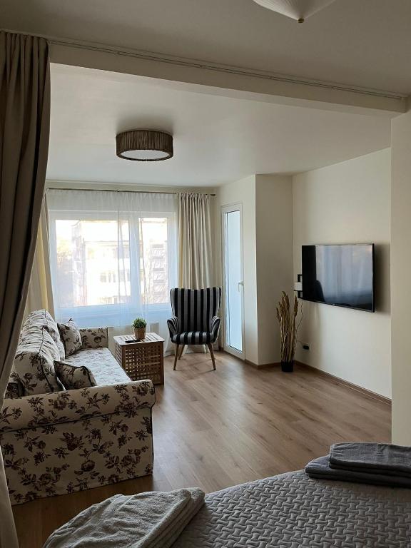 a living room with a couch and a chair at Lapu ielas apartment in Ogre