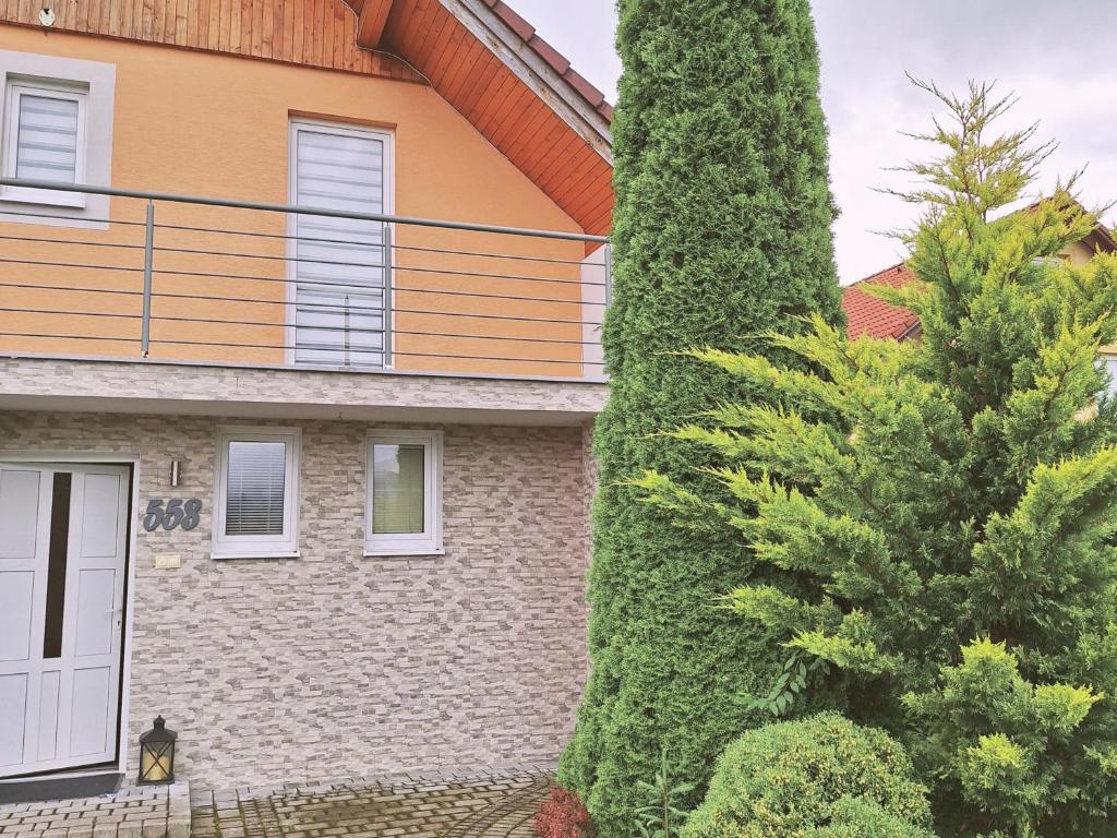 a large green tree next to a house at Vila Hafira in Zuberec