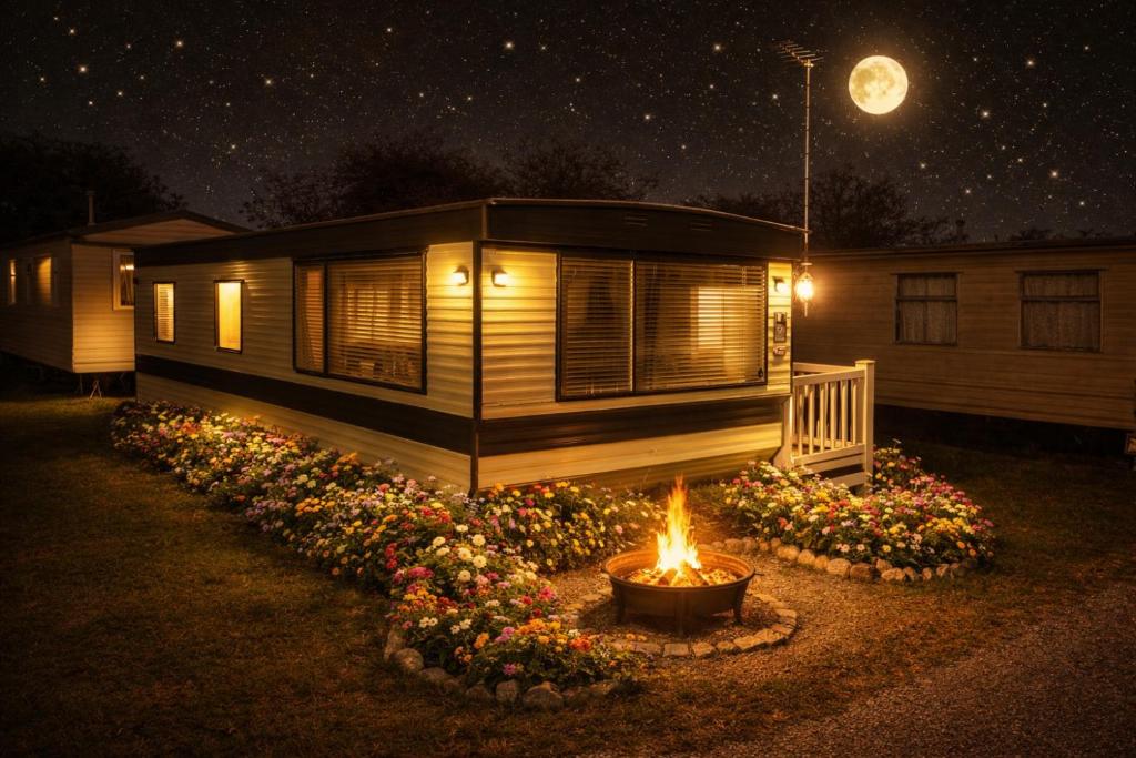 a fire pit in front of a house at night at 6 Headwards Glamping Retreat in Hemsby