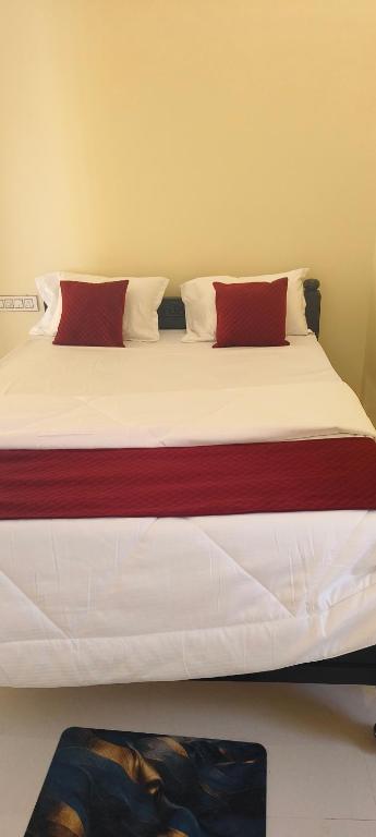 a bed with two red pillows on top of it at Rk comforts & lodge in Madhugiri