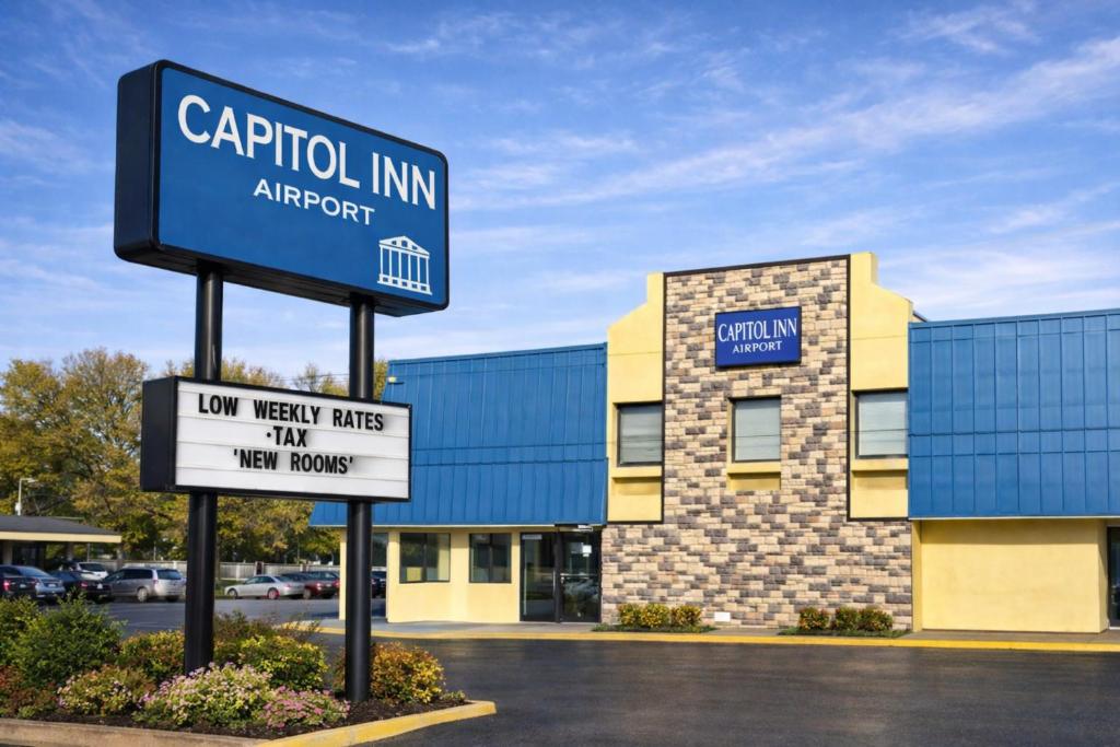 a sign in front of a car rental inn airport at Capitol Inn by Belvilla Richmond Airport VA in Sandston
