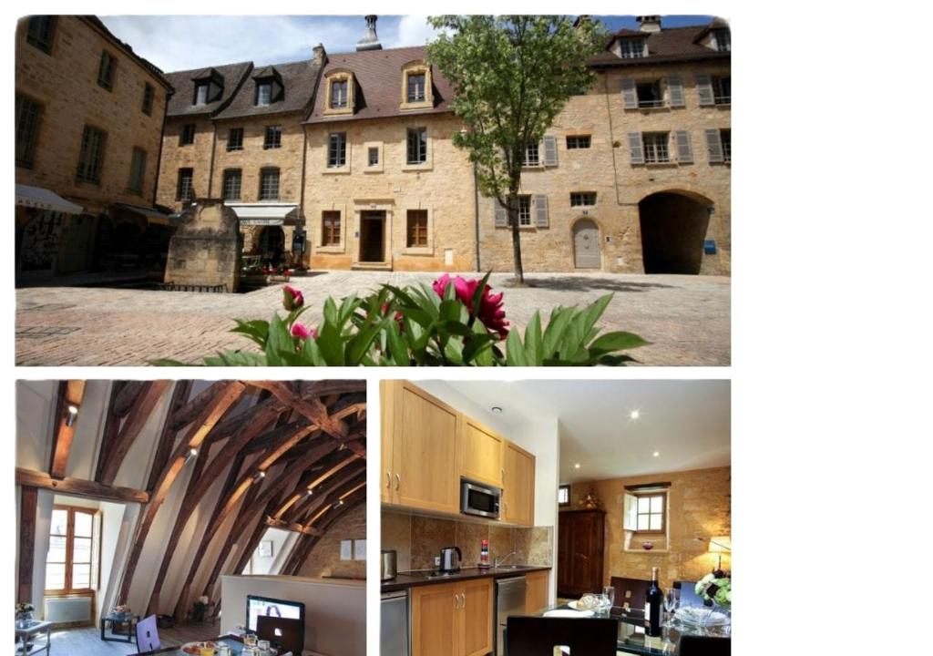 a collage of three pictures of a building at Le Grenier du Chapitre son loft avec les poutres et l'appartement une chambre sans les poutres in Sarlat-la-Canéda