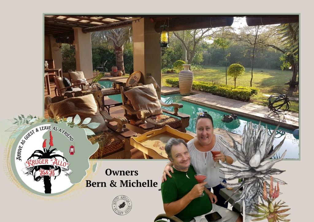 two men standing in front of a swimming pool at Kruger Allo B&B in Komatipoort