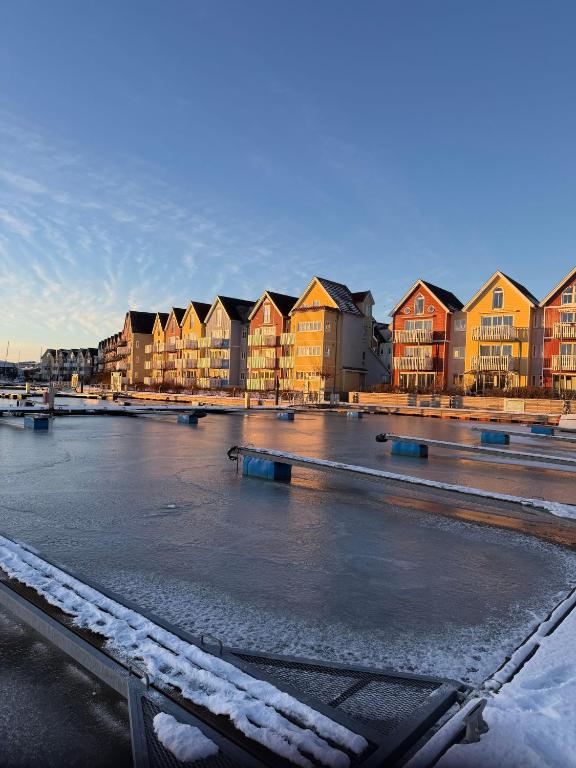 a row of houses in a parking lot with snow at Seglerblick in Greifswald