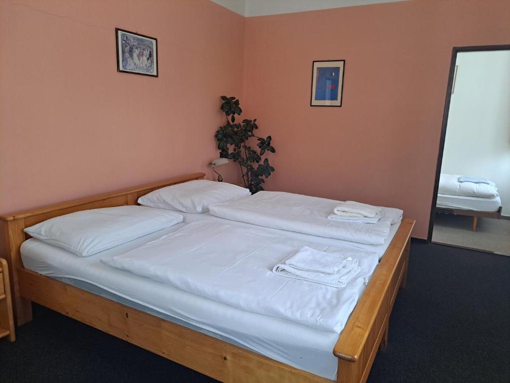 a bedroom with two beds with white sheets and a mirror at Hotel Praděd in Jeseník