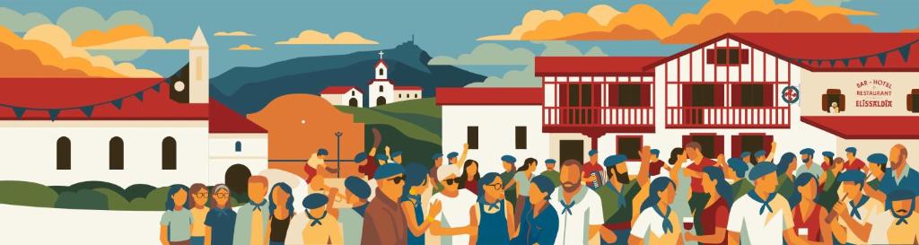 a crowd of people standing in front of a building at Hotel Restaurant Elissaldia in Bidart