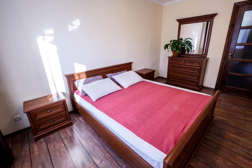 カームヤネツィ・ポジーリシクィイにあるSweet Apartment "Family Estate"のベッドルーム1室(赤毛布付きの大型ベッド1台付)