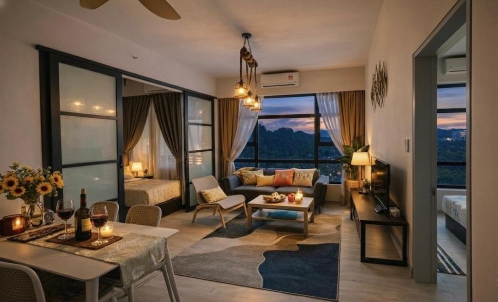 a living room with a couch and a table at #7 Family-Friendly ForestView Suite Near City Pickleball-Mango House7 in Kota Kinabalu