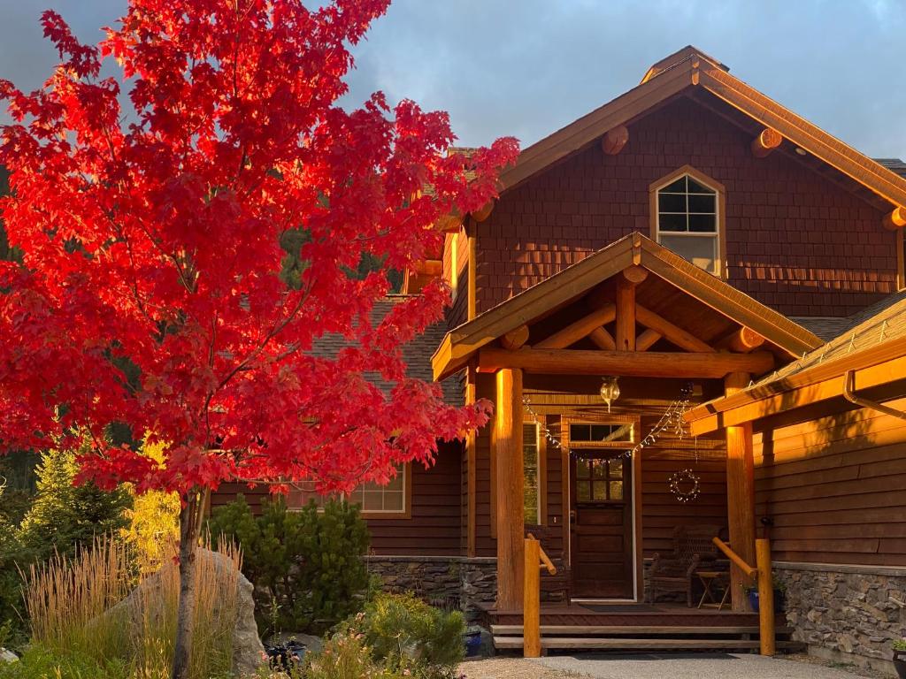 a house with a red tree in front of it at Morrisey Chalet at Sun Peaks in Sun Peaks