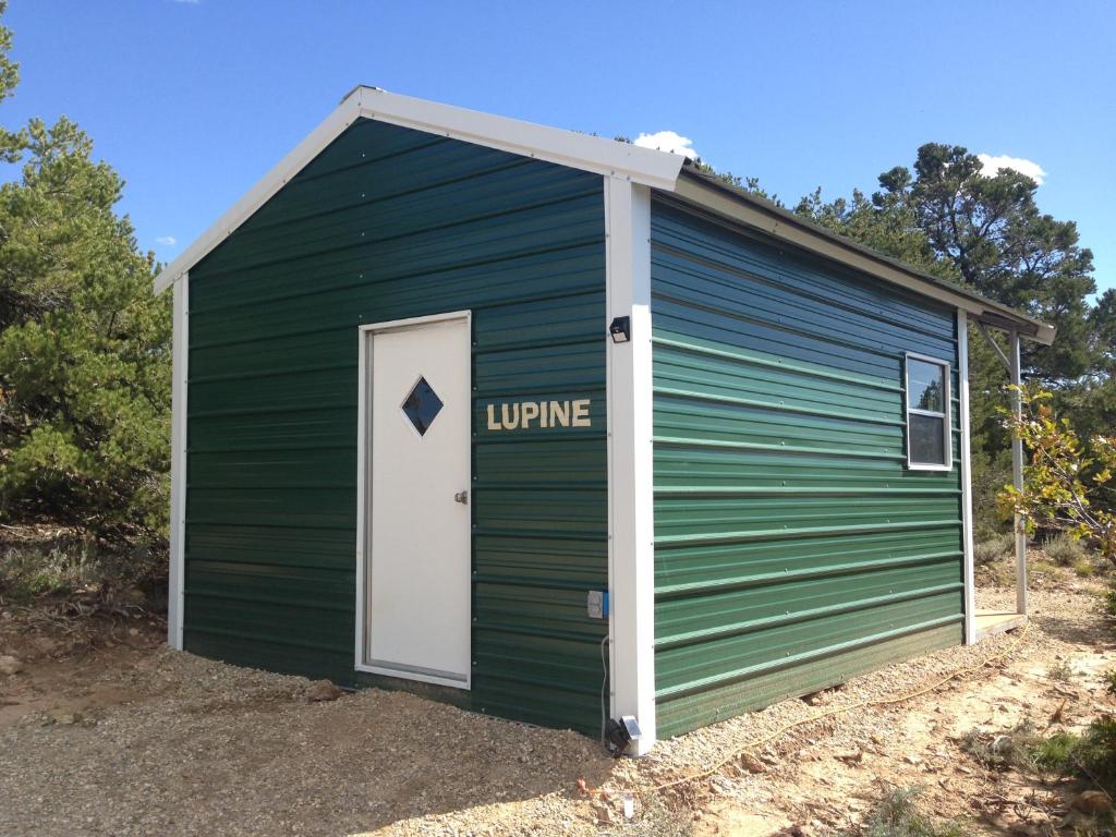 a green garage with a white door with the word living at Lupine Cabin, Glamour Camping, Stunning Skies and Sunrise Views in Monticello
