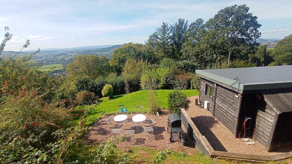 an aerial view of a tiny house in a garden at Long Barn Wales in Monmouth