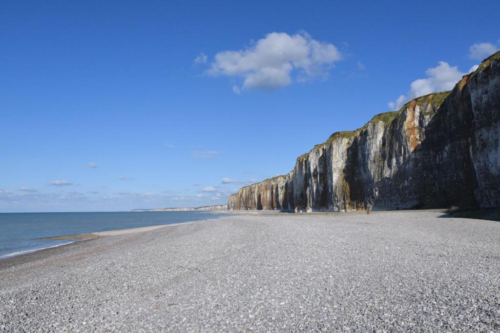 a view of a beach with a large rock wall at Hotel Le Grand Pavois in Fécamp