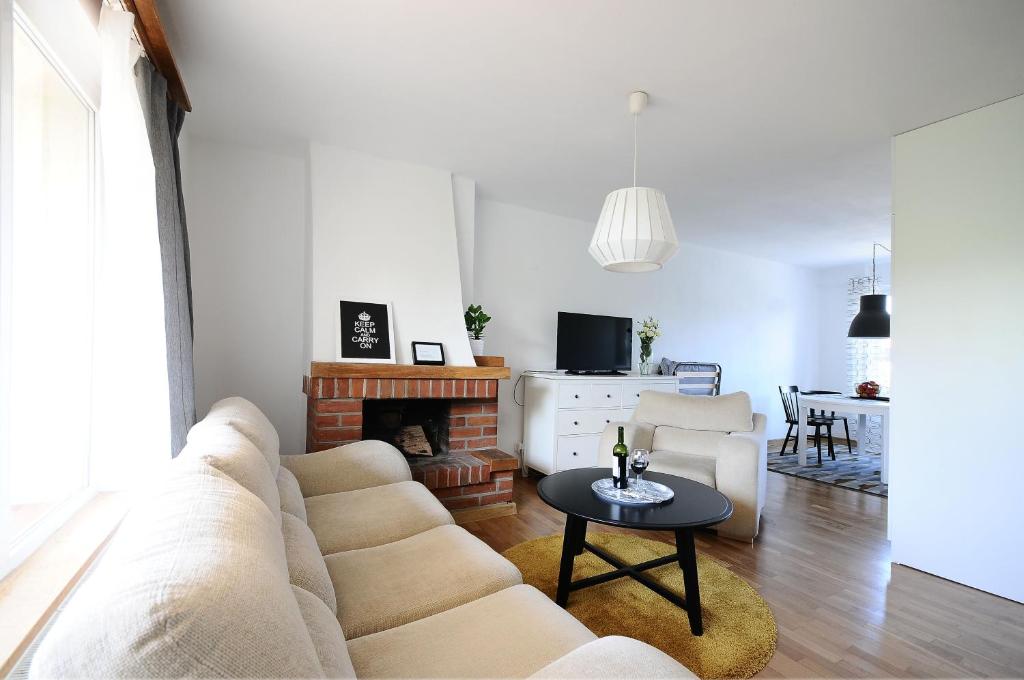 sala de estar con sofá y chimenea en A Place Like Home Apartamenty Horeszkow, en Gdansk