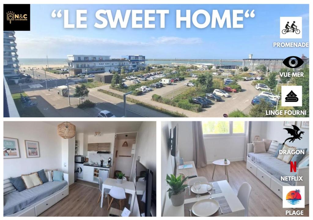 two pictures of a living room and a house at L'escapade Sweet home - vue sur Mer et Dragon de Calais in Calais