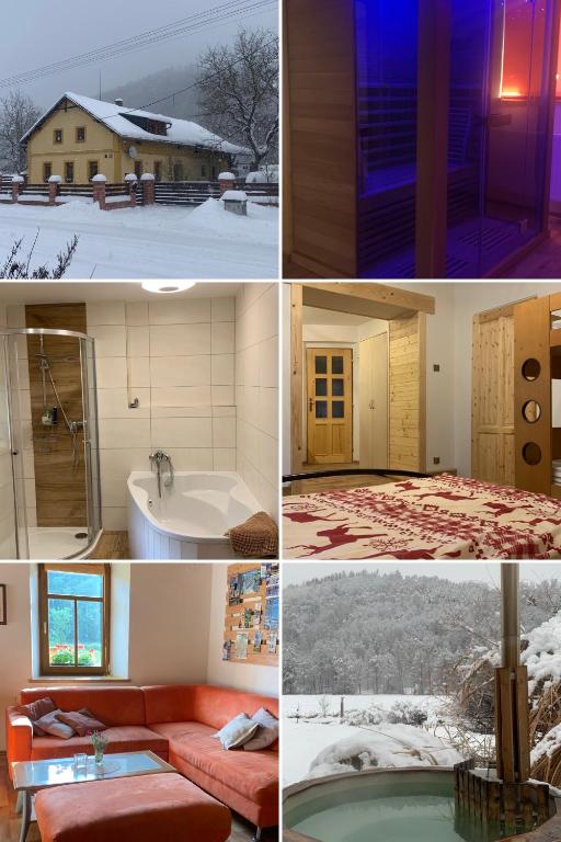 a collage of four pictures of a house at Chalupa u Andrésů in Dolní Bohdíkov