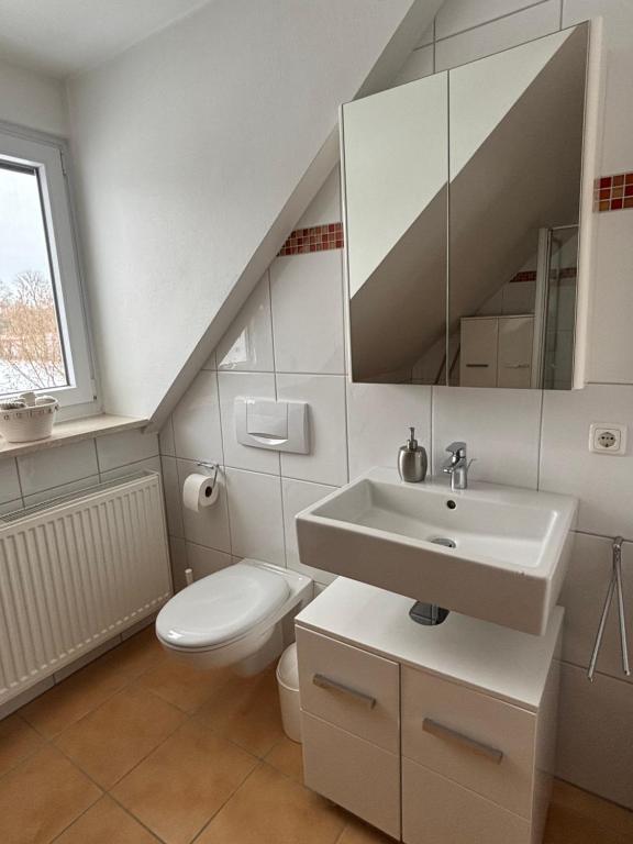 a bathroom with a sink and a toilet at Ferienwohnung mit Küche und Bad in Hollenbach