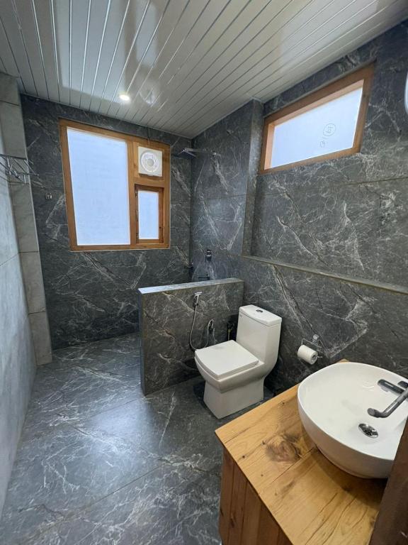 a bathroom with a toilet and a sink at Riverdale Cottage and Cafe Jibhi in Jibhi